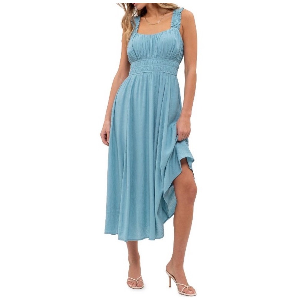 August Sky Maxi Dress Small Smocked Bodice Square Neck Milkmaid Teal Blue - Picture 9 of 9